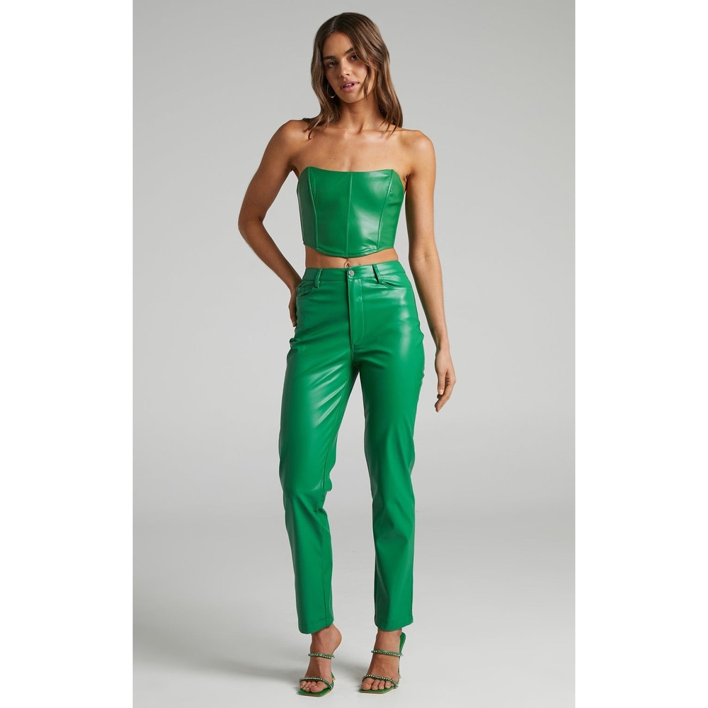 Showpo Dilyenne Mid Waist Straight Leg Faux Leather Pants in Green Size 6 Street
